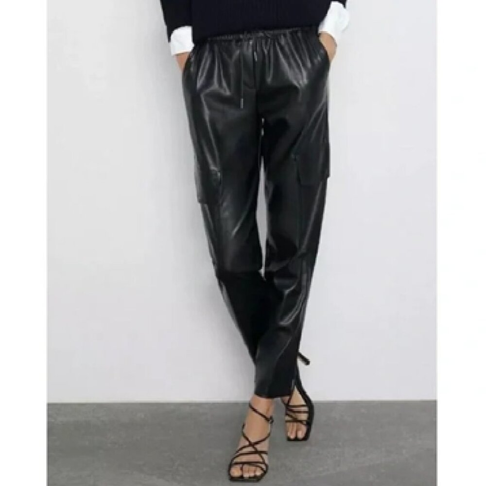 Zara Black Faux Leather Mid Rise Drawstring Cargo Pants Size Medium